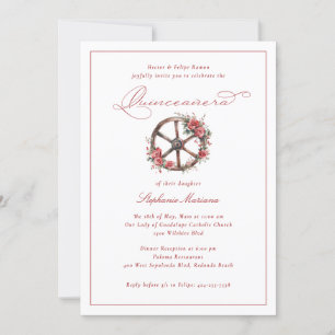 Red Roses wagon Wheel Elegant Charro Quinceañera Invitation