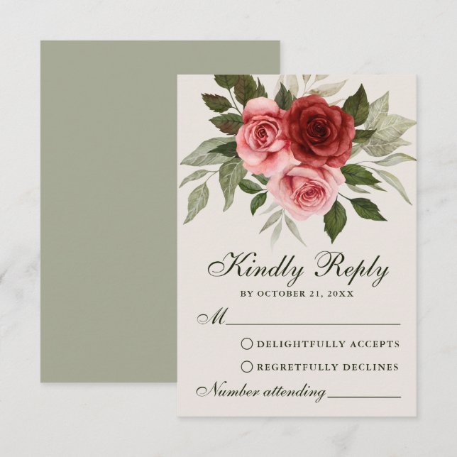 Red Roses Watercolor Botanical Wedding RSVP Card (Front/Back)