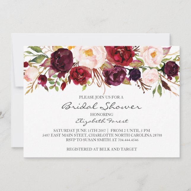 Red Roses watercolor bridal shower invitation (Front)