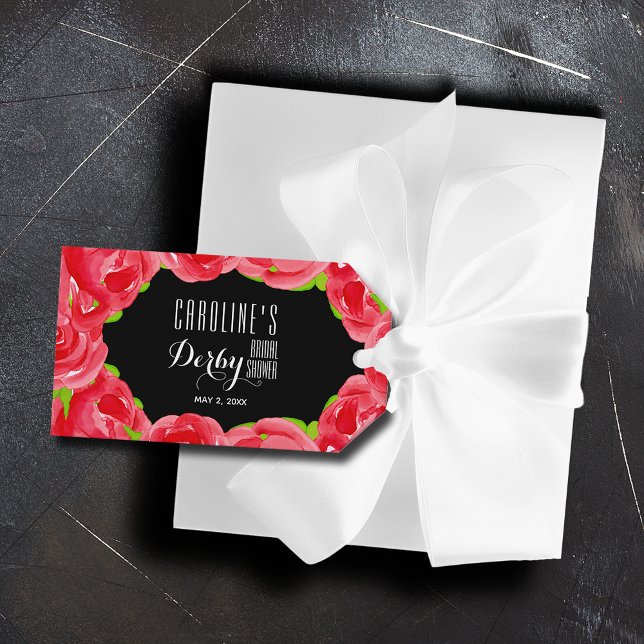 Red Roses Watercolor Derby Bridal Shower Gift Tags (Red roses on black Derby-style bridal shower gift tags)