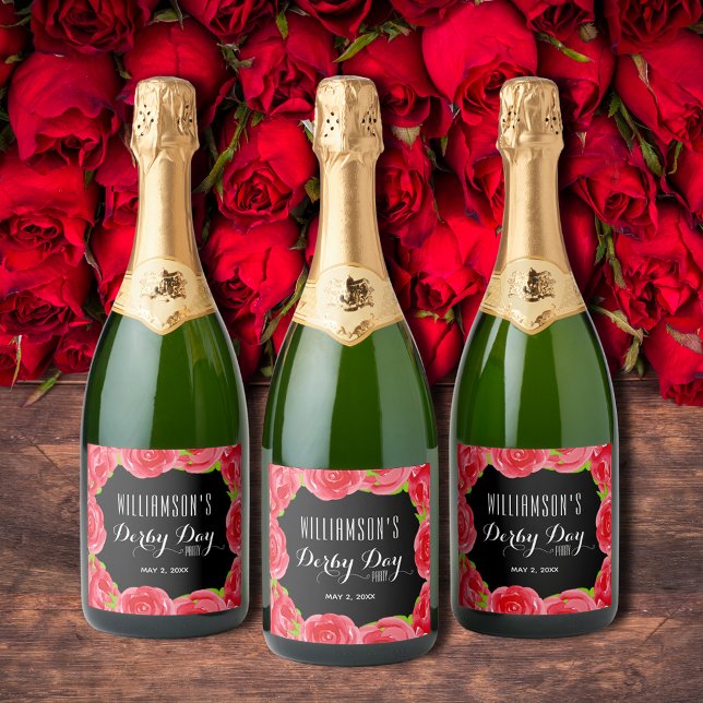 Red Roses Watercolor Derby Day Sparkling Wine Label (Red Roses Watercolor Derby Day Sparkling Wine Bottle Labels)