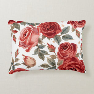 Red Roses Watercolor Floral Botanical Painted Accent Pillow