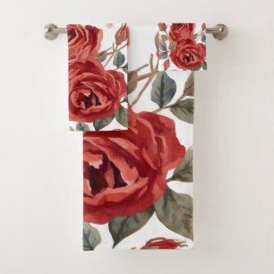 Red Roses Watercolor Floral Botanical Painted Bath Towel Set