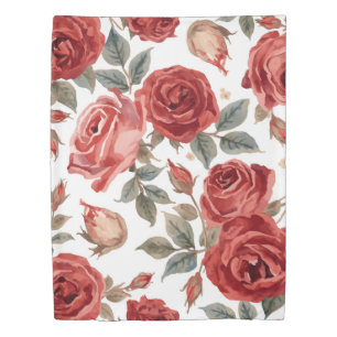 Red Roses Watercolor Floral Botanical Painted Duvet Cover