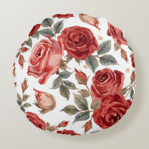 Red Roses Watercolor Floral Botanical Painted Round Pillow