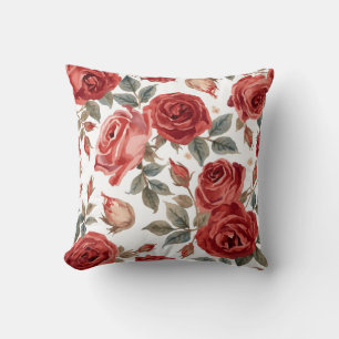 Red Roses Watercolor Floral Botanical Painted Throw Pillow