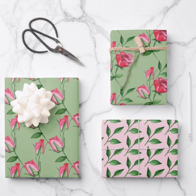 Red Roses Watercolor Hand-painted Wrapping Paper Sheets (Front)