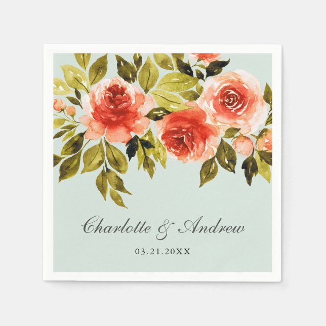 Red Roses Watercolor Mint Green Wedding Napkins (Front)
