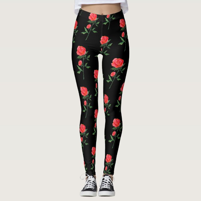 Red Roses Watercolor Pattern Leggings (Front)
