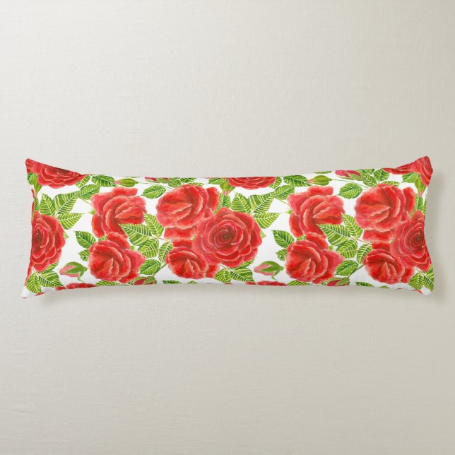 Red roses watercolor seamless pattern body pillow (Front)