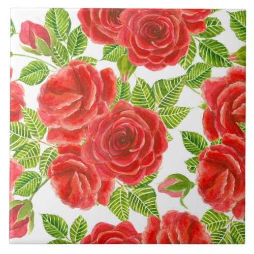 Red roses watercolor seamless pattern ceramic tile