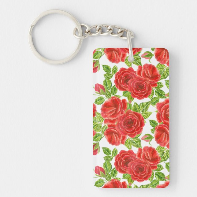 Red roses watercolor seamless pattern keychain (Front)