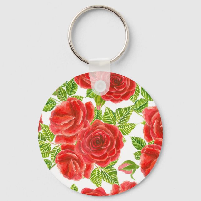 Red roses watercolor seamless pattern keychain (Front)