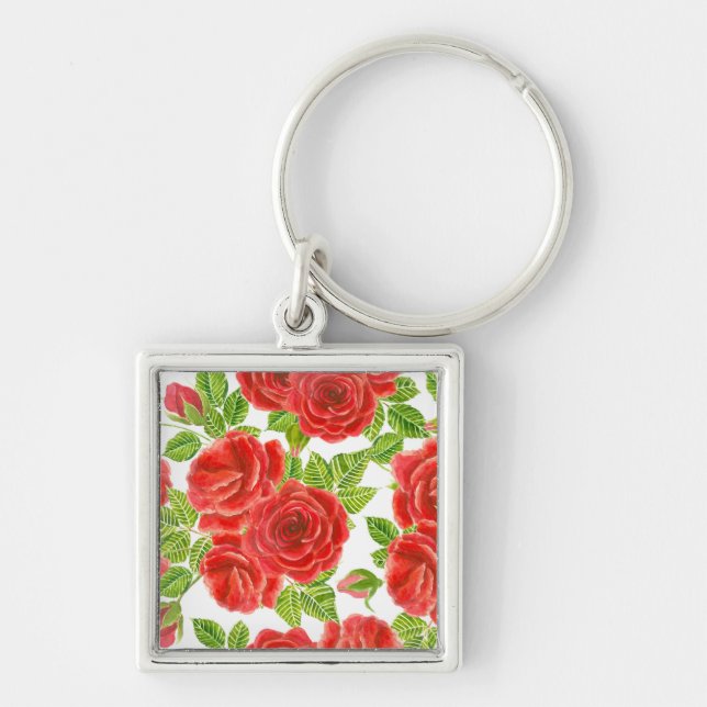 Red roses watercolor seamless pattern keychain (Front)