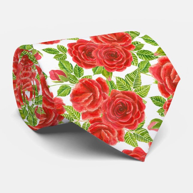 Red roses watercolor seamless pattern neck tie (Rolled)