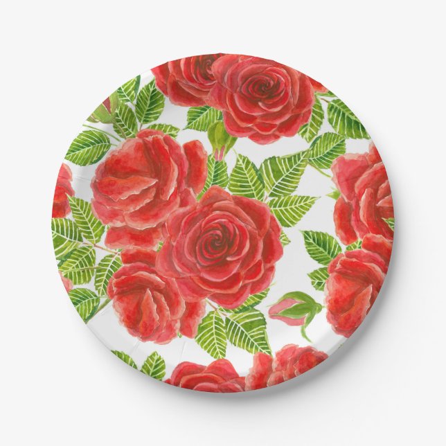 Red roses watercolor seamless pattern paper plates (Front)