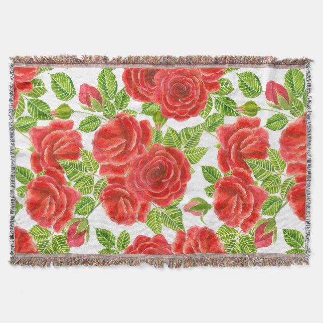 Red roses watercolor seamless pattern throw blanket (Front)