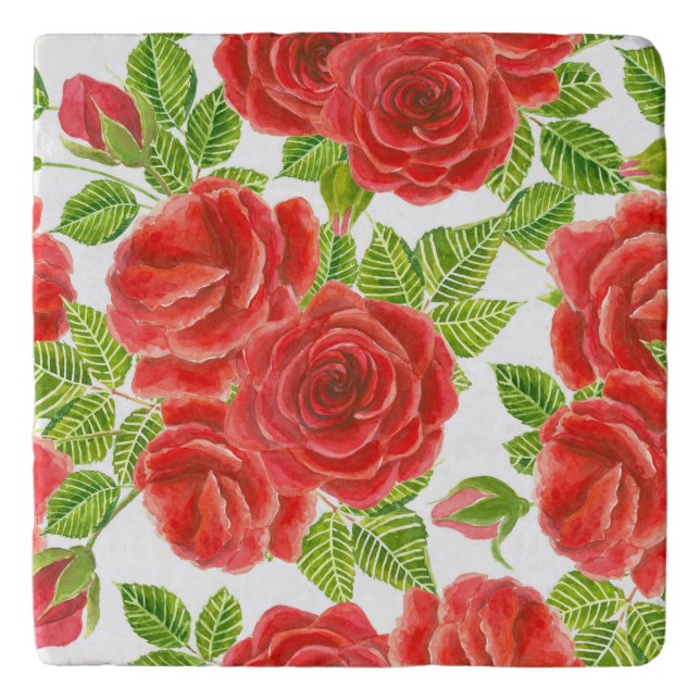 Red roses watercolor seamless pattern trivet (Front)