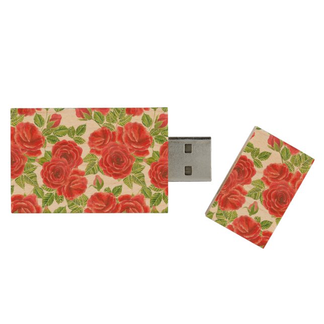 Red roses watercolor seamless pattern wood flash drive (Opened)