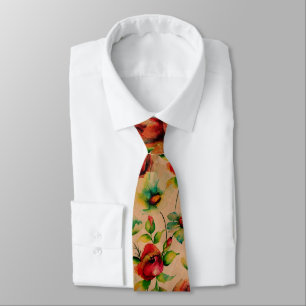 Red Roses Watercolors On Blond Wood Pattern Neck Tie