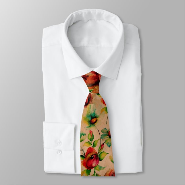 Red Roses Watercolors On Blond Wood Pattern Neck Tie (Tied)