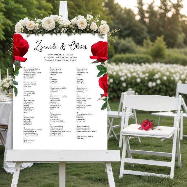 Red Roses Wedding Alphabetical Seating Chart Foam Board (Creator Uploaded)