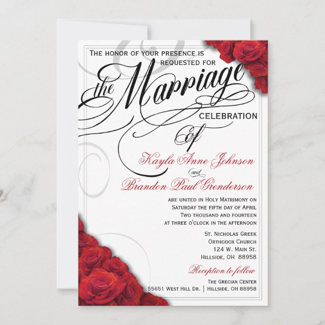 Red Roses Wedding Invitation changeable background (Front)