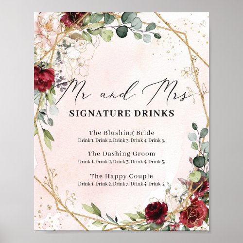 Red roses wedding mr and mrs signature drinks sign