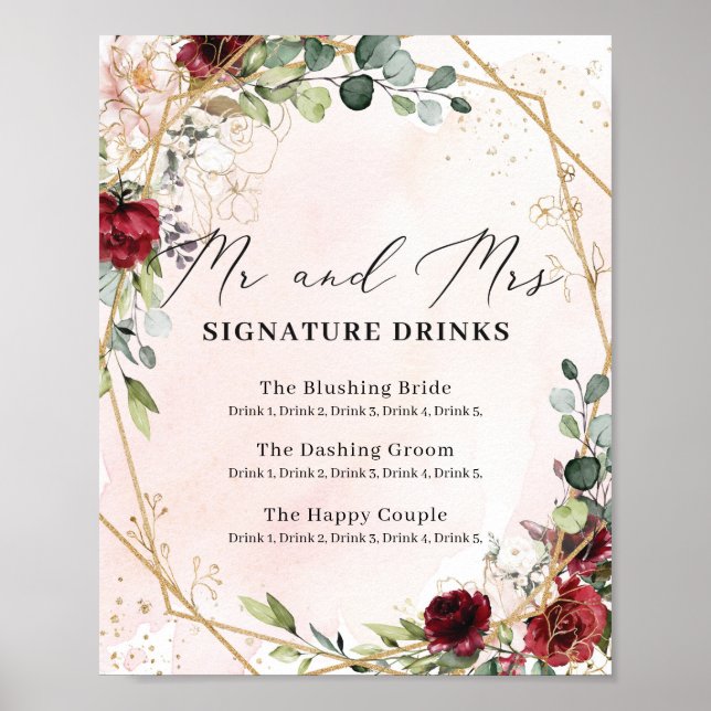 Red roses wedding mr and mrs signature drinks sign (Front)
