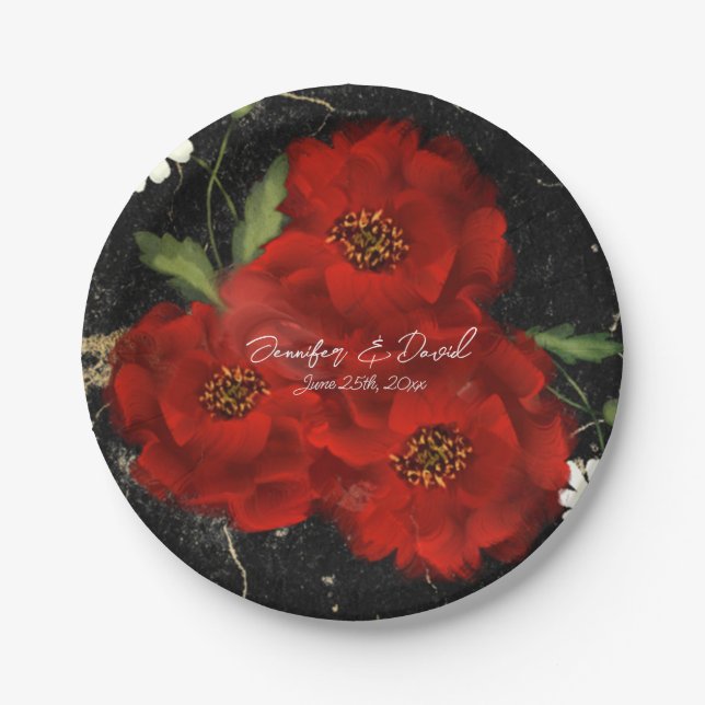 Red Roses Wedding Paper Plates (Front)