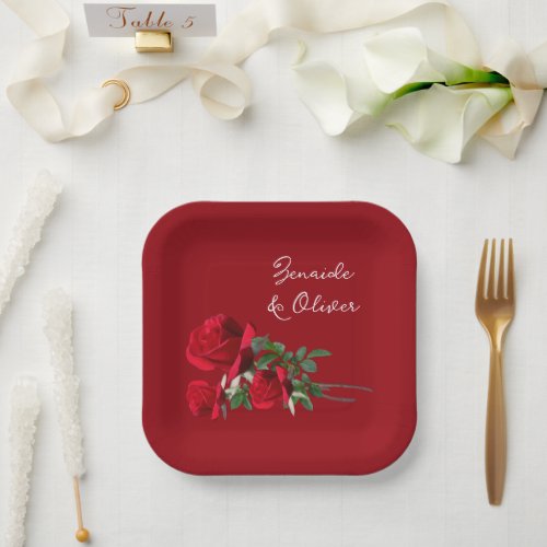 Red Roses Wedding Personalized Paper Plates