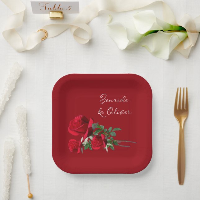 Red Roses Wedding Personalized Paper Plates (Wedding)