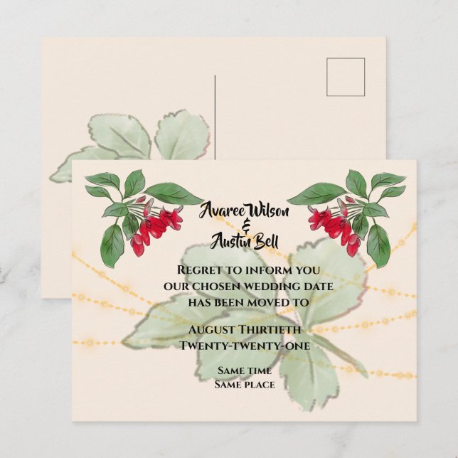 Red Roses Wedding Postponement Announcement Postcard (Front/Back)