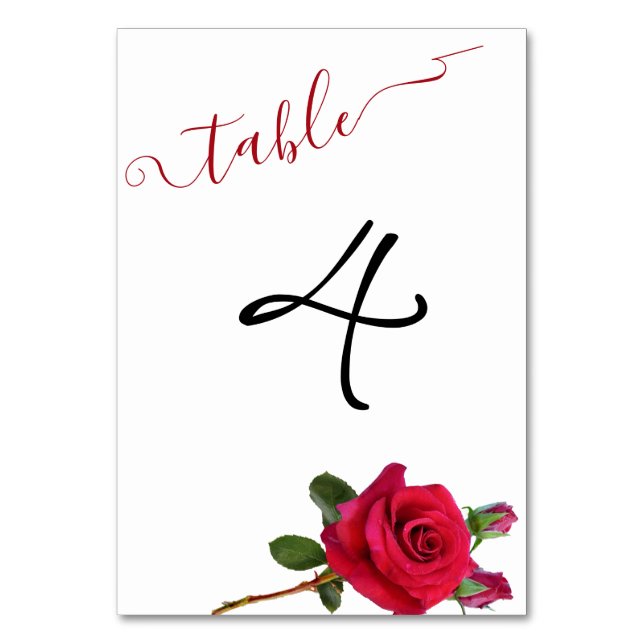 Red Roses Wedding Reception Table Number Card (Front)