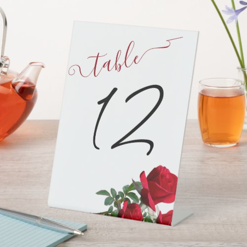 Red Roses Wedding Reception Table Number Pedestal Sign