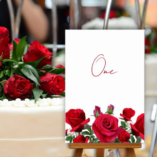 Red Roses Wedding Table Number Written Cards