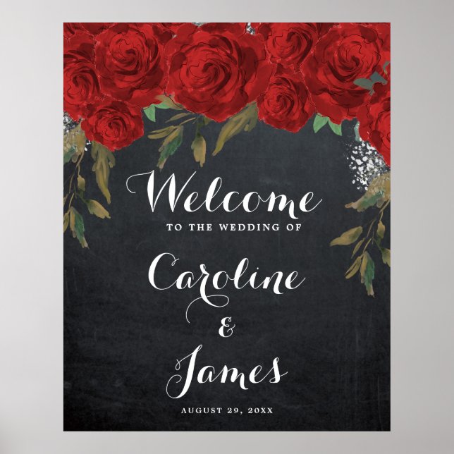Red roses wedding welcome reception sign poster (Front)