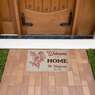 Red Roses Welcome To Our Home - Family Name Date Fiber Doormat