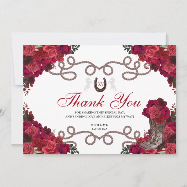 Red Roses Western Charra Quinceanera Thank You  Card (Front)