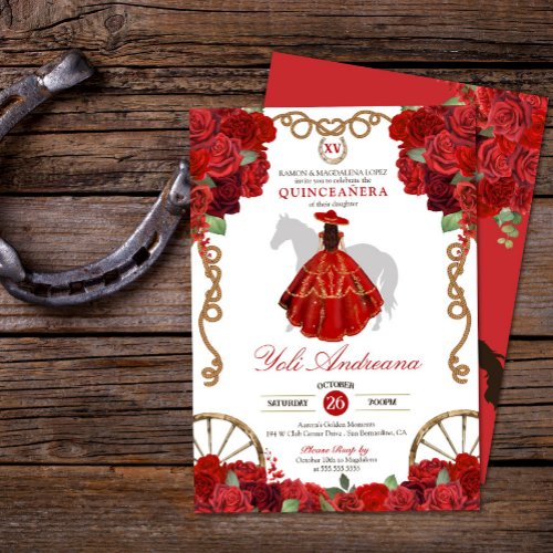 Red Roses Western Cowboy Charra Quinceaera Invitation