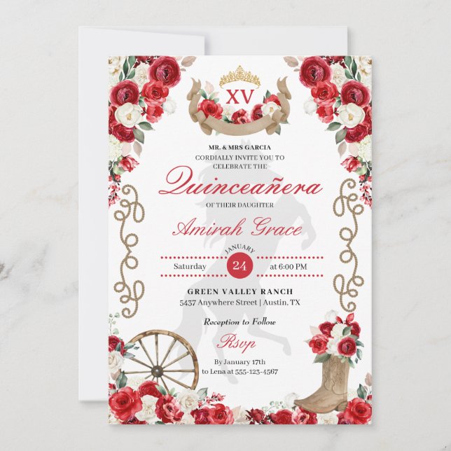 Red Roses Western Cowgirl Quinceañera Invitation (Front)