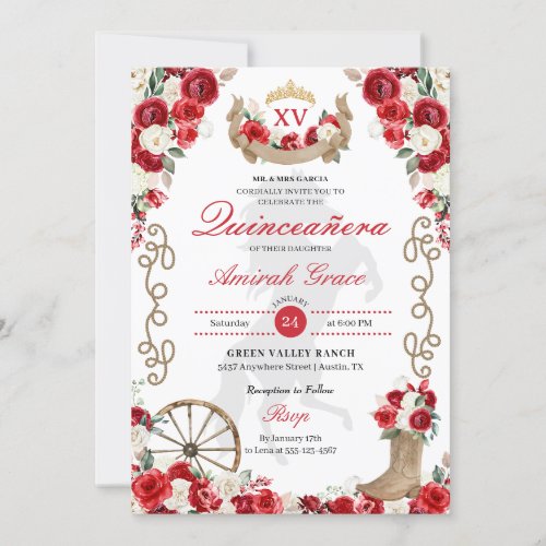 Red Roses Western Cowgirl Quinceaera Invitation