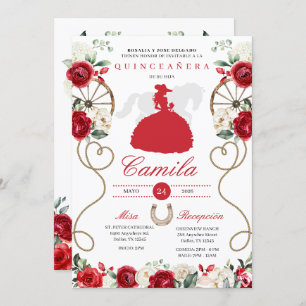 Red Roses Western Mariachi Charro Quinceañera Invitation