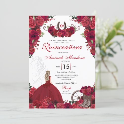 Red Roses Western Princess Charra Quinceanera Invitation