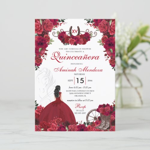 Red Roses Western Princess Charra Quinceanera Invitation