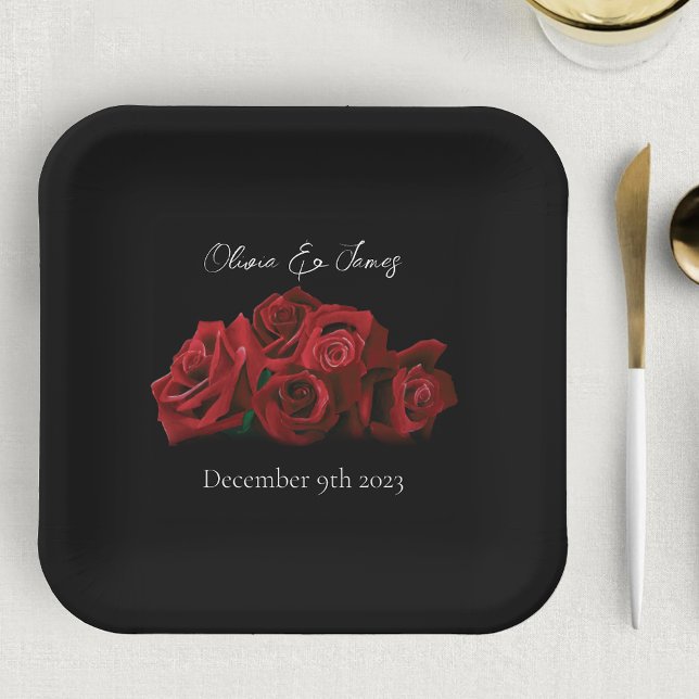 Red Roses White Black Elegance Timeless Paper Plates (Creator Uploaded)