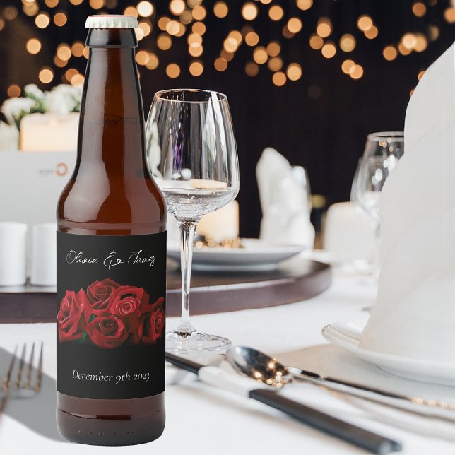 Red Roses White Black Elegance Timeless Wedding Beer Bottle Label (Creator Uploaded)