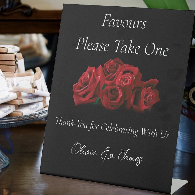 Red Roses White Black Elegance  Wedding Favors Pedestal Sign (Creator Uploaded)