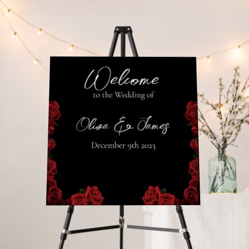 Red Roses White Black Wedding Welcome Sign