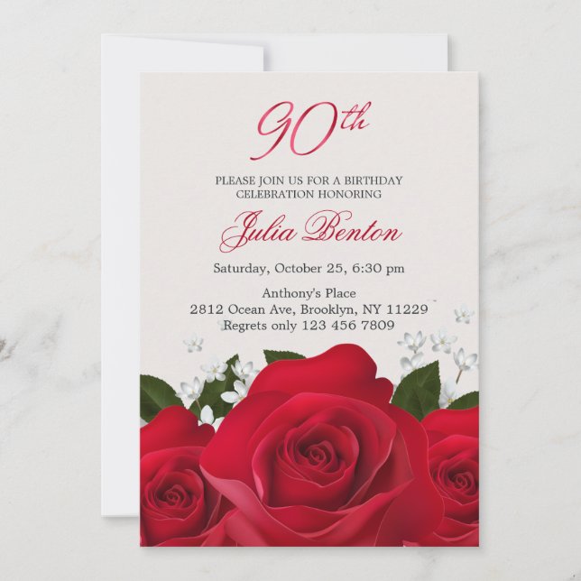 Red roses, white flowers 90th Birthday Invitation (Front)